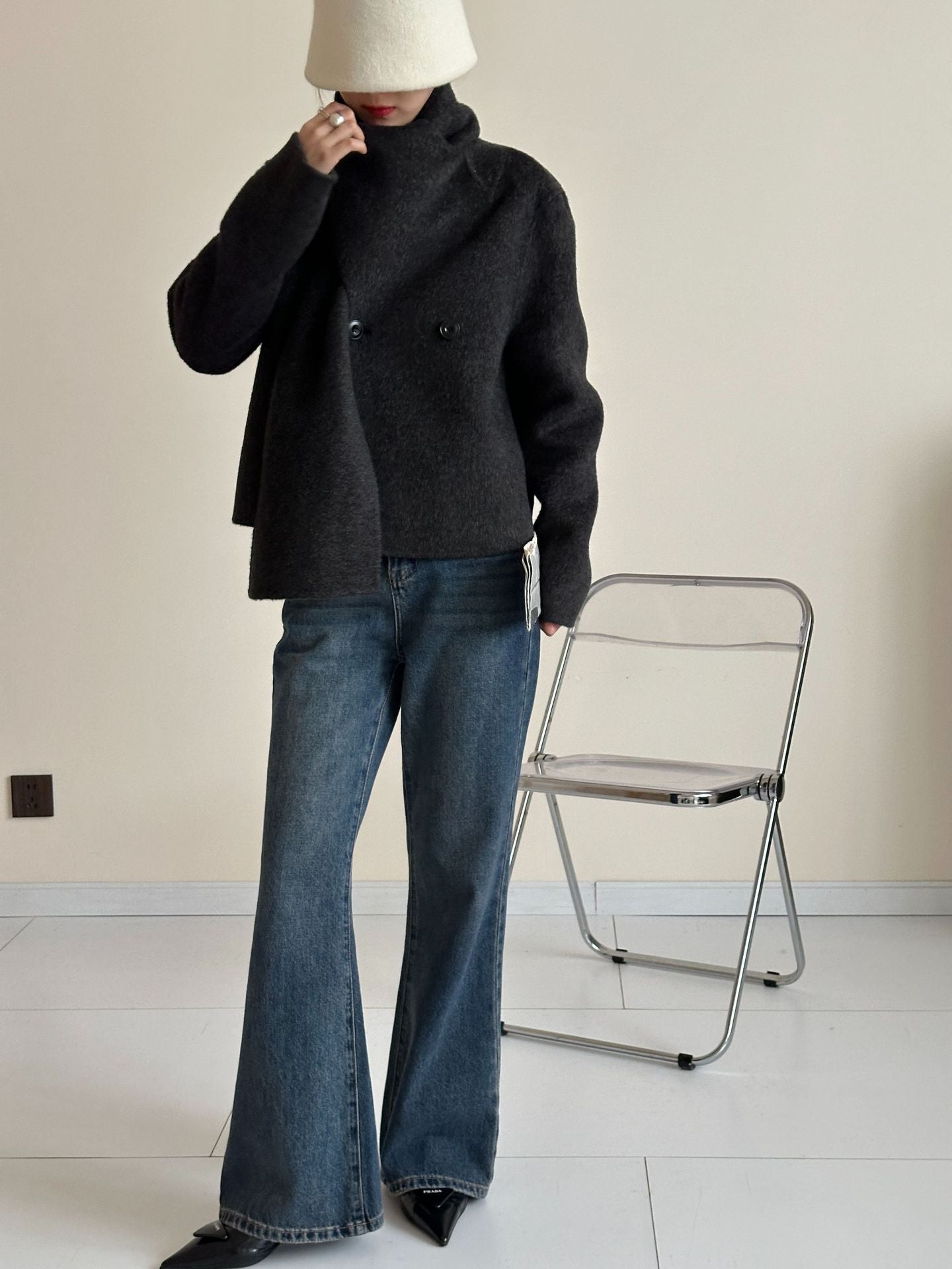 Women: Cashmere & Mulberry Silk Blend Wool Scarf-Collar Single-Breasted Longline Double-Layer Coat