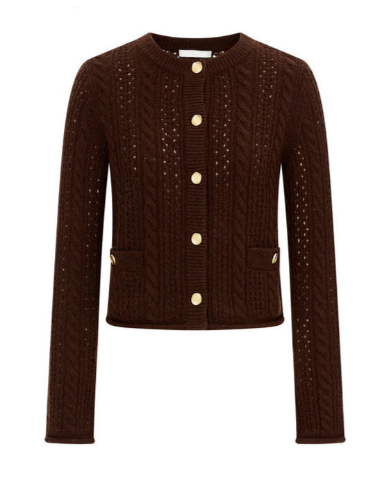 Women's 100% Cashmere and Wool Blend Pointelle Cardigan (White/Brown)