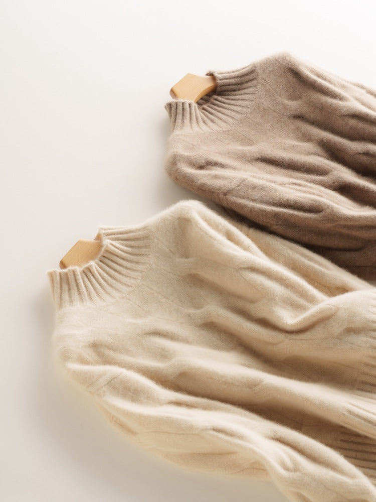 Autumn/Winter Premium: 100% Alxa Baby Cashmere Cable-Knitted Half-Turtleneck Jumper