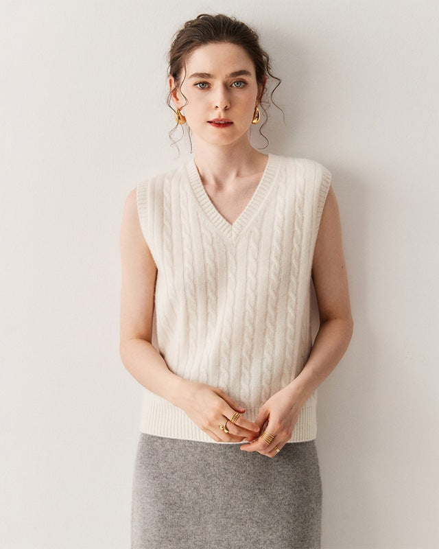 Cashmere-wool Cable Knit V-Neck Vest