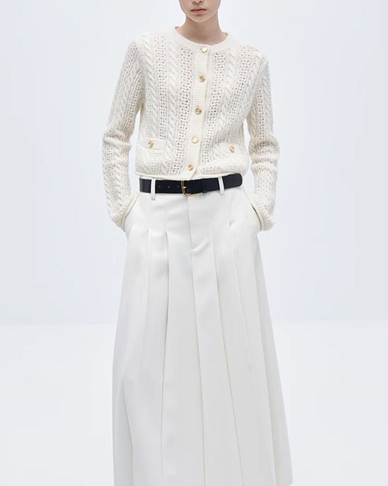 Women's 100% Cashmere and Wool Blend Pointelle Cardigan (White/Brown)