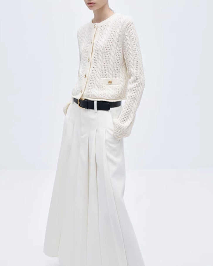 Women's 100% Cashmere and Wool Blend Pointelle Cardigan (White/Brown)