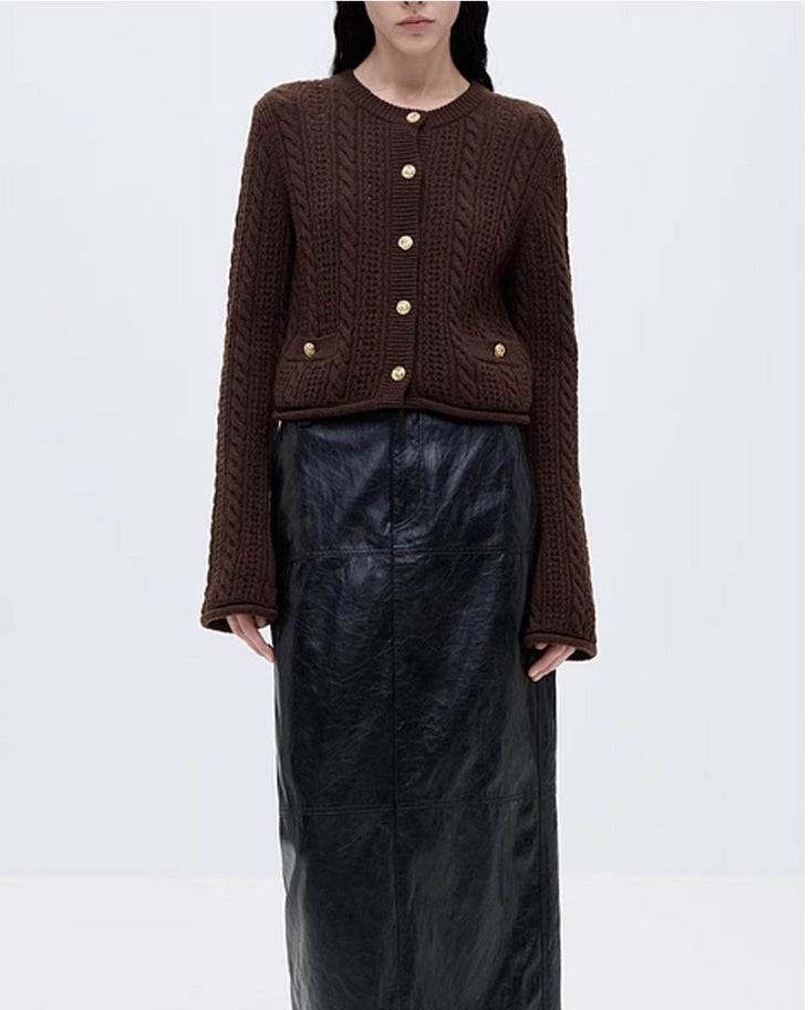 Women's 100% Cashmere and Wool Blend Pointelle Cardigan (White/Brown)