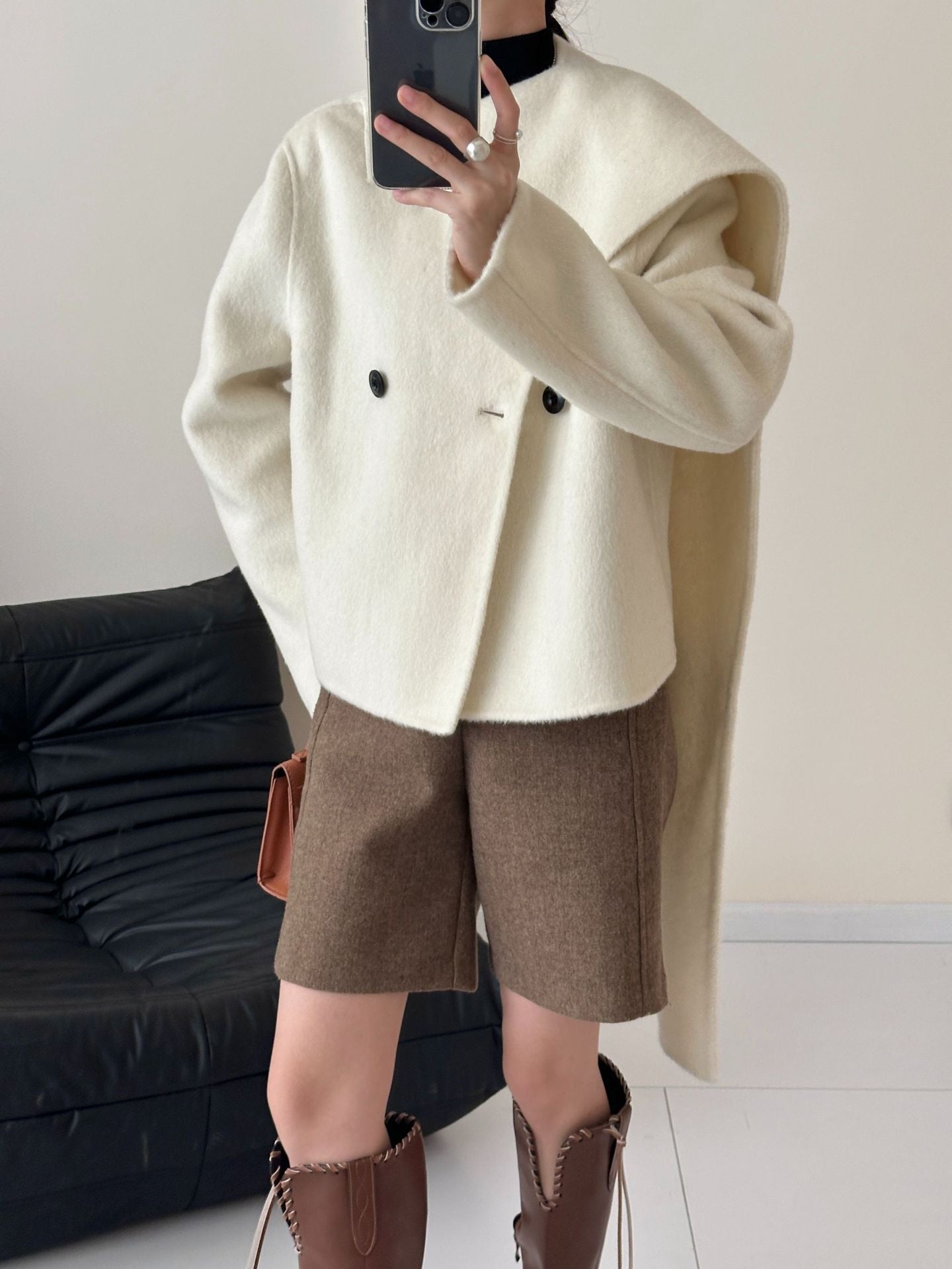 Women: Cashmere & Mulberry Silk Blend Wool Scarf-Collar Single-Breasted Longline Double-Layer Coat