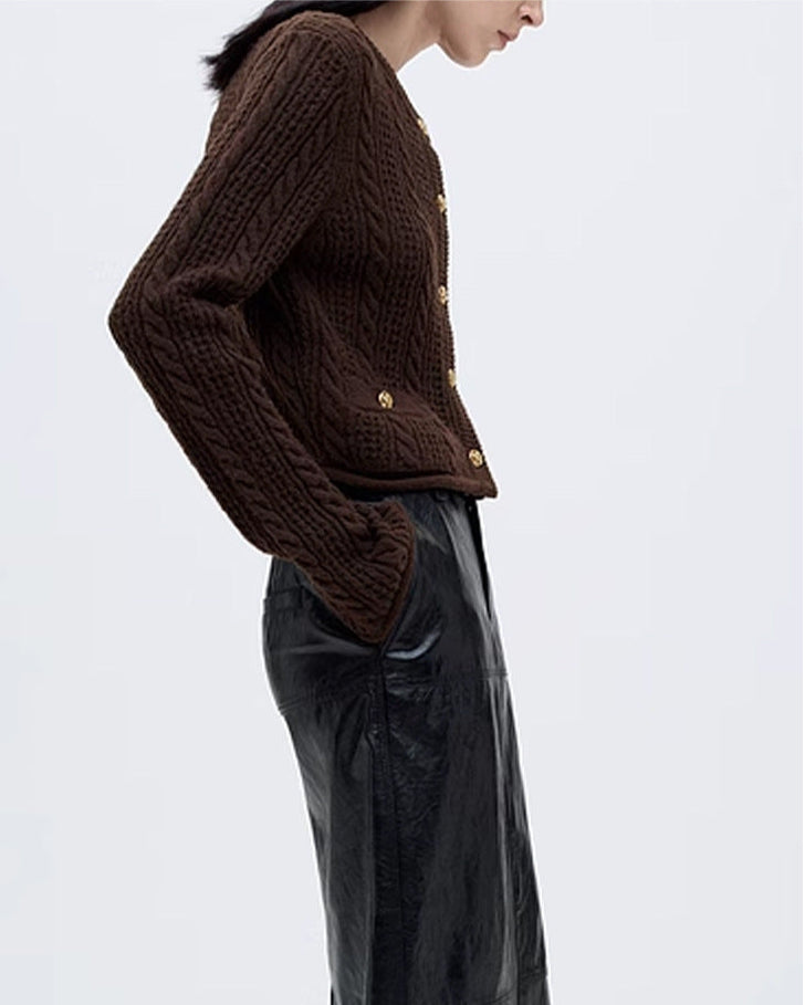 Women's 100% Cashmere and Wool Blend Pointelle Cardigan (White/Brown)