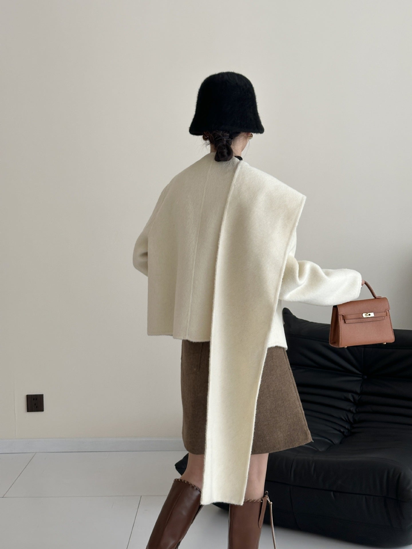 Women: Cashmere & Mulberry Silk Blend Wool Scarf-Collar Single-Breasted Longline Double-Layer Coat