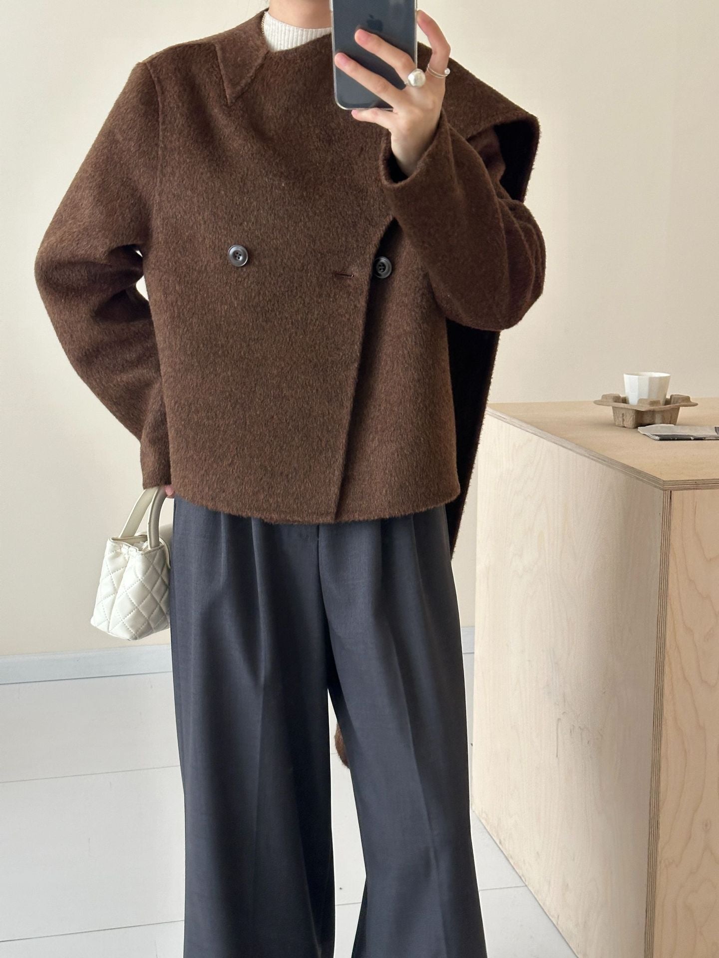 Women: Cashmere & Mulberry Silk Blend Wool Scarf-Collar Single-Breasted Longline Double-Layer Coat