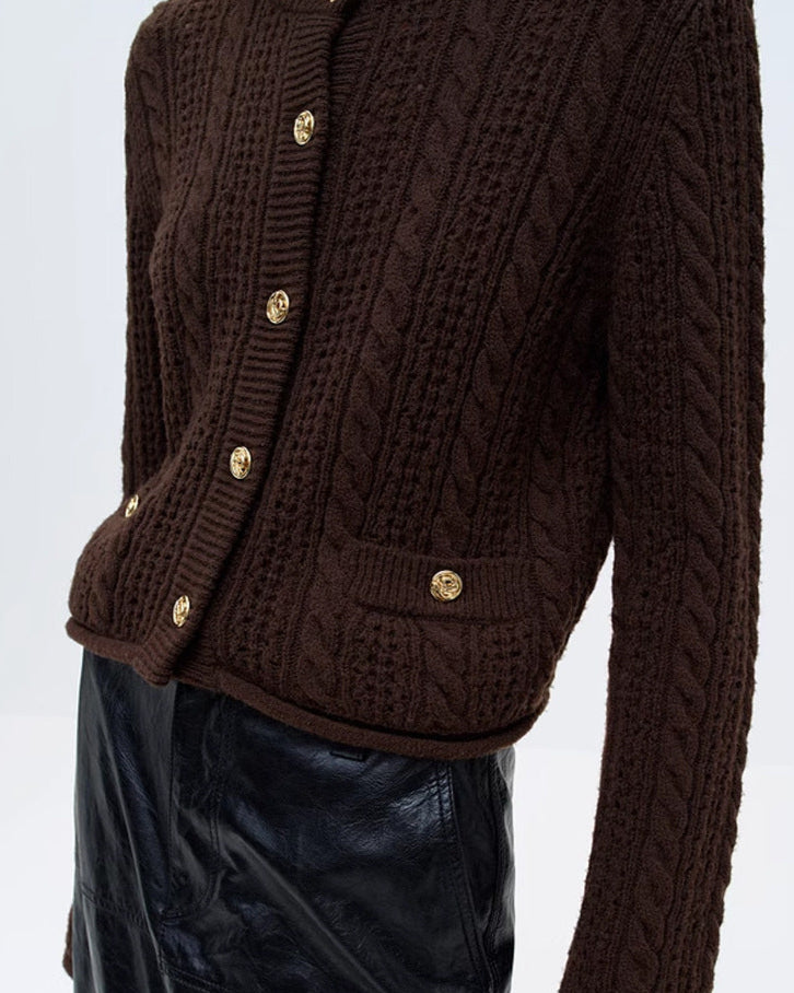 Women's 100% Cashmere and Wool Blend Pointelle Cardigan (White/Brown)