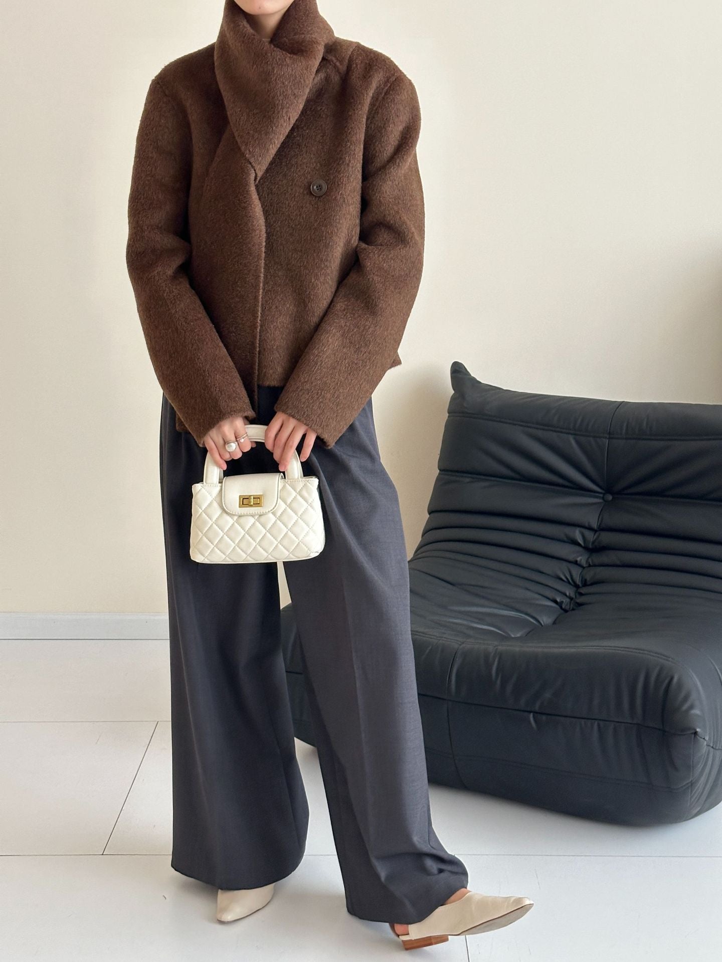 Women: Cashmere & Mulberry Silk Blend Wool Scarf-Collar Single-Breasted Longline Double-Layer Coat