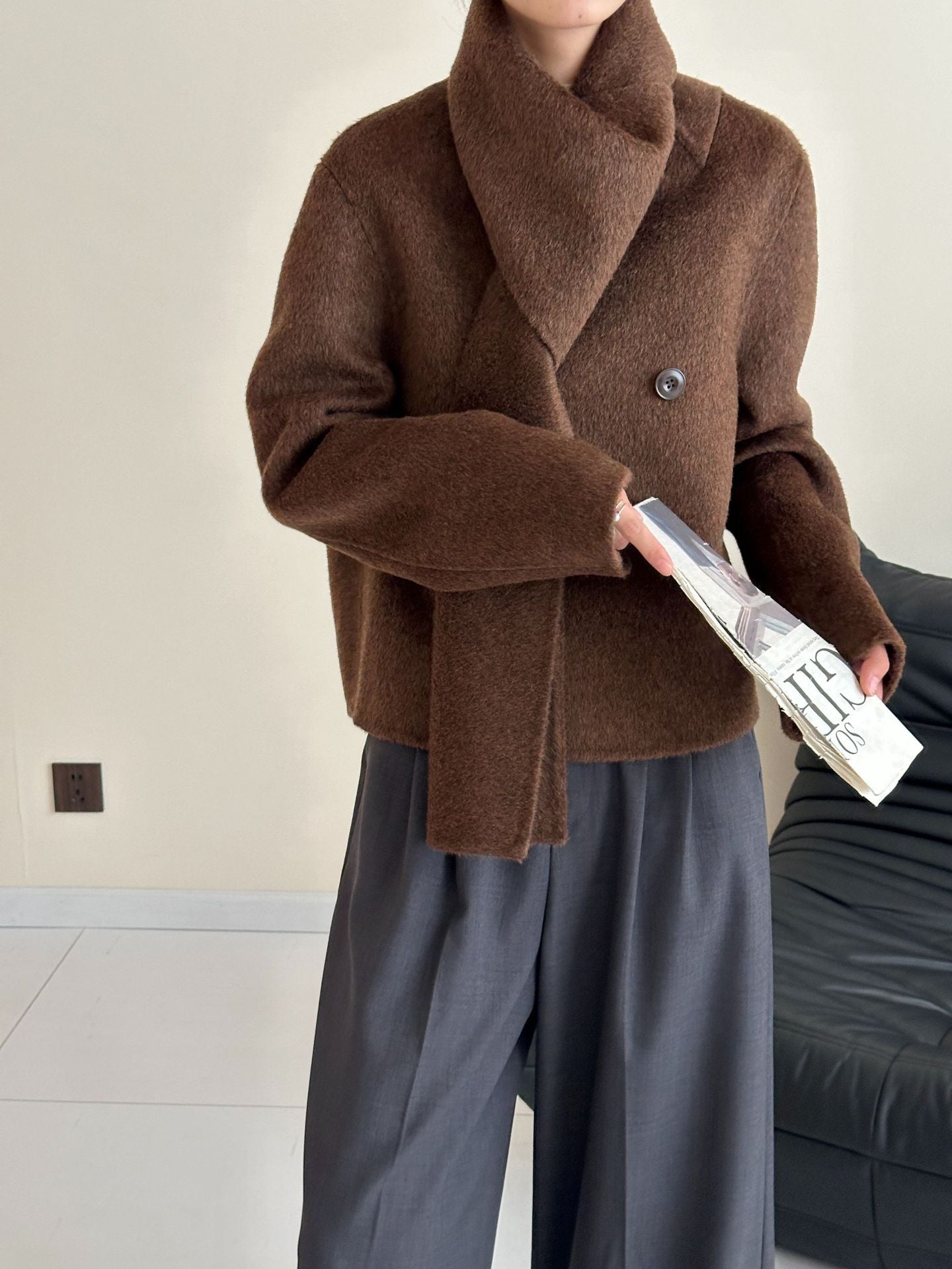 Women: Cashmere & Mulberry Silk Blend Wool Scarf-Collar Single-Breasted Longline Double-Layer Coat