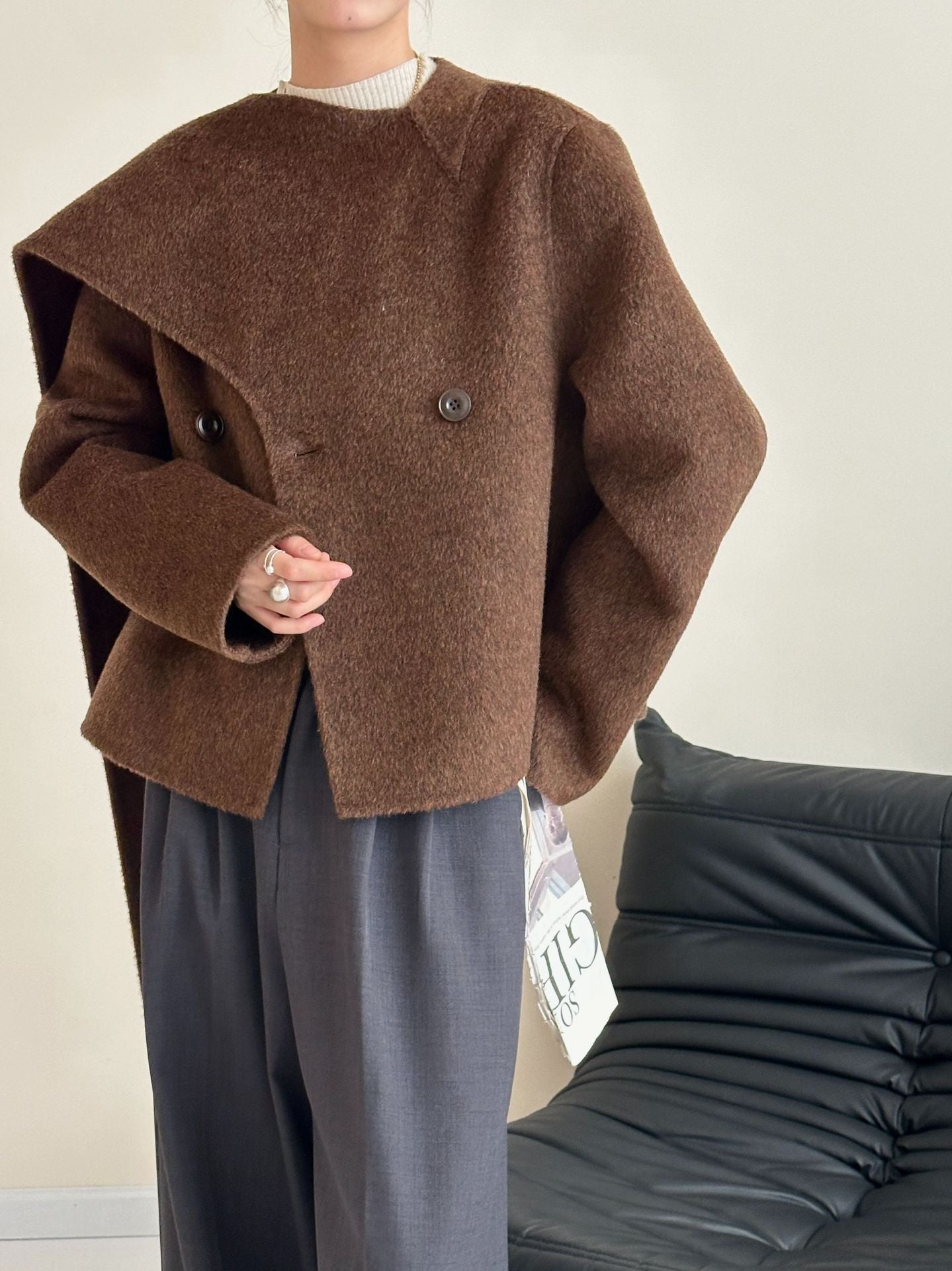 Women: Cashmere & Mulberry Silk Blend Wool Scarf-Collar Single-Breasted Longline Double-Layer Coat