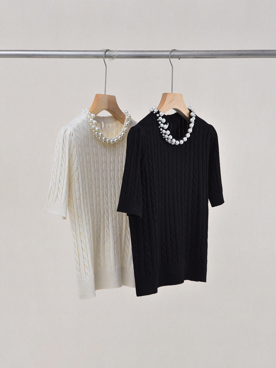 Women Chic and Elegant Cashmere-wool Blend Top - Cable Knit & Pearl-adorned Neckline