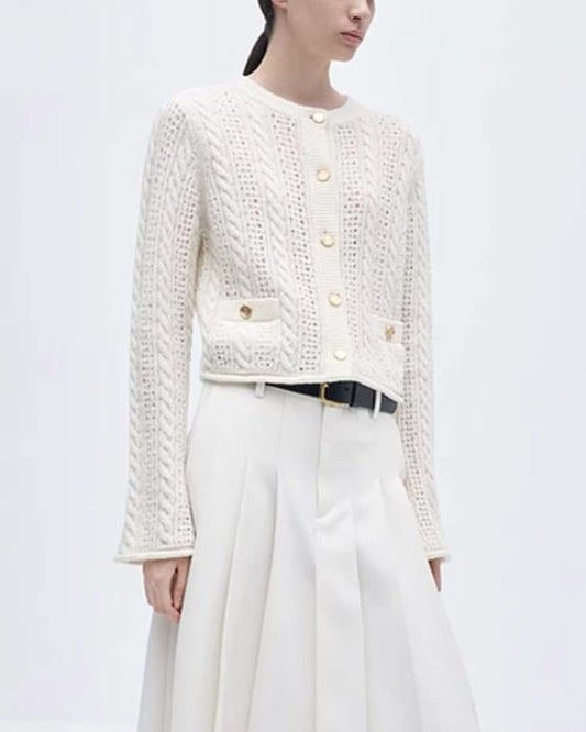 Women's 100% Cashmere and Wool Blend Pointelle Cardigan (White/Brown)