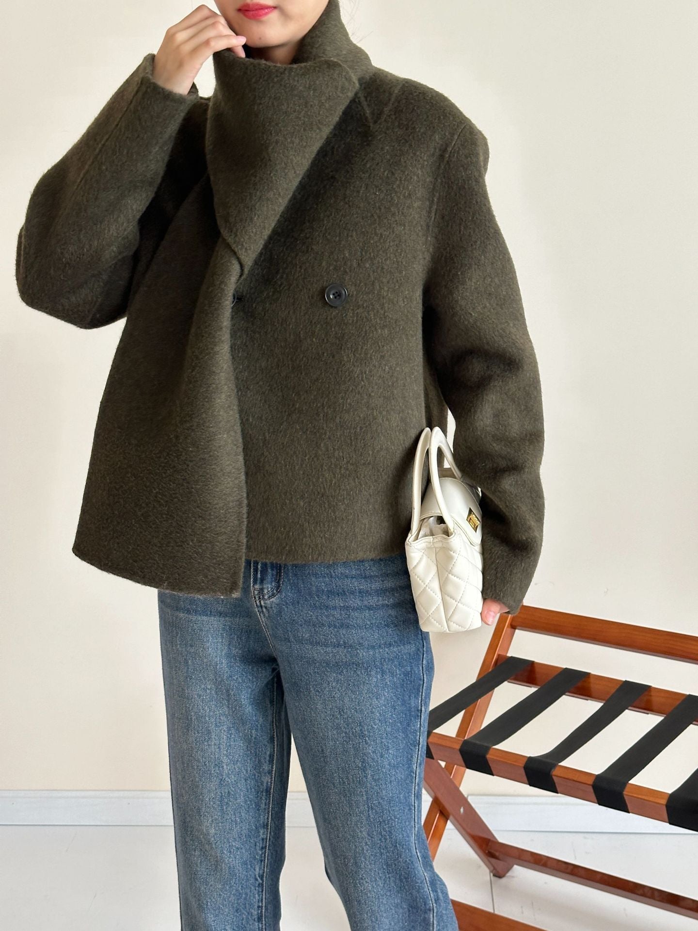 Women: Cashmere & Mulberry Silk Blend Wool Scarf-Collar Single-Breasted Longline Double-Layer Coat