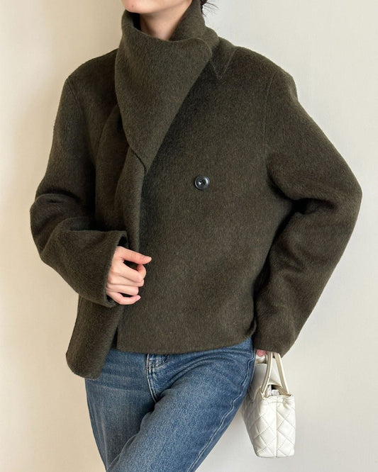 Women: Cashmere & Mulberry Silk Blend Wool Scarf-Collar Single-Breasted Longline Double-Layer Coat