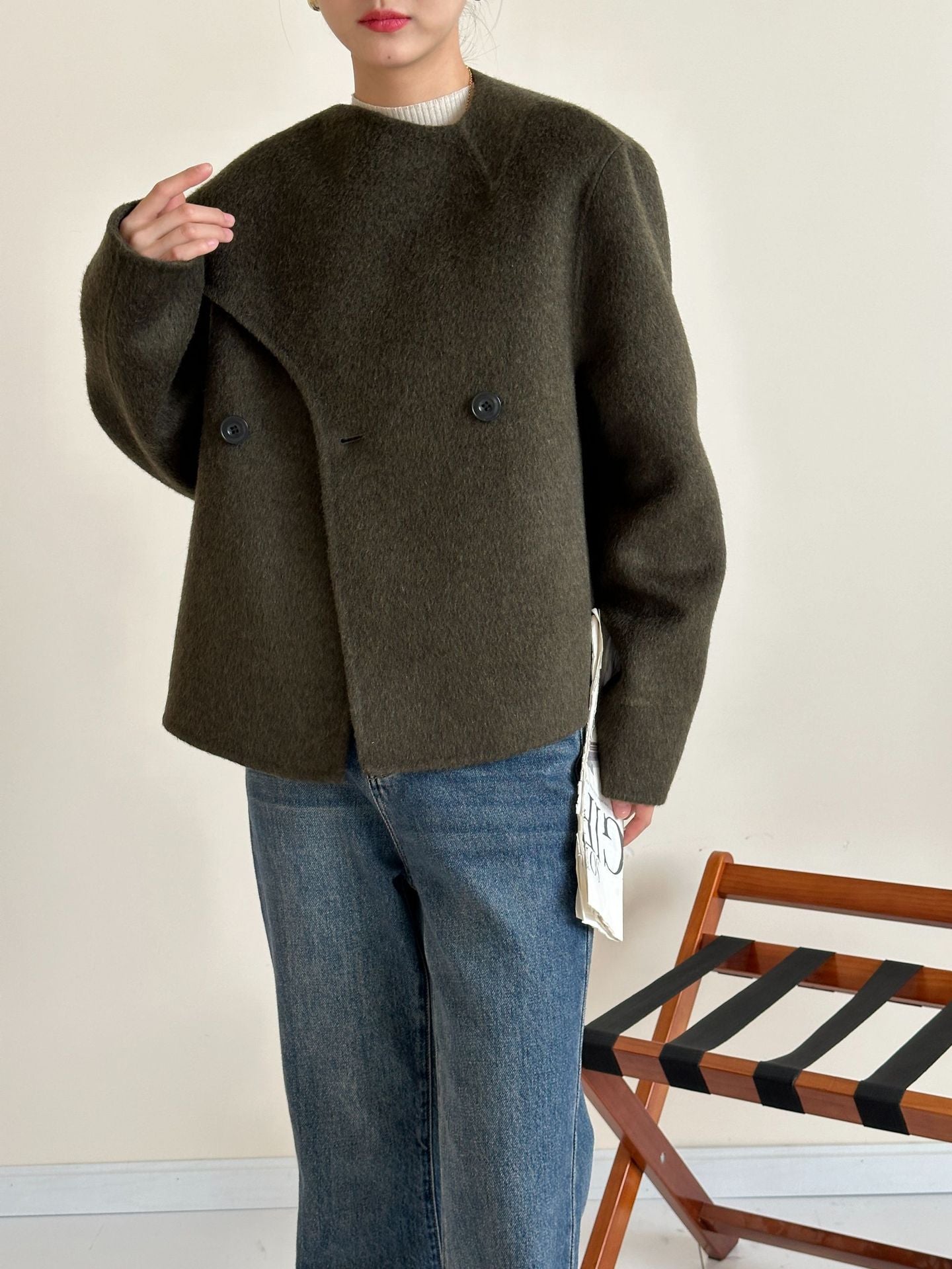 Women: Cashmere & Mulberry Silk Blend Wool Scarf-Collar Single-Breasted Longline Double-Layer Coat