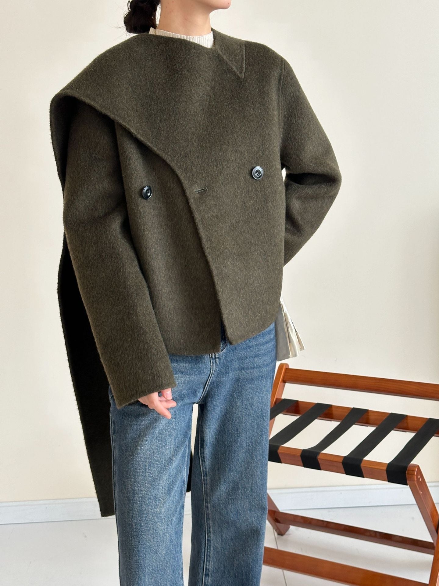 Women: Cashmere & Mulberry Silk Blend Wool Scarf-Collar Single-Breasted Longline Double-Layer Coat