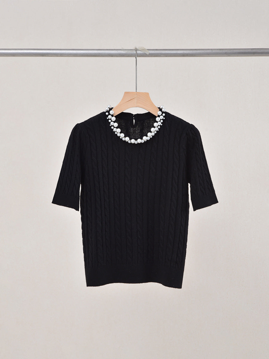 Women Chic and Elegant Cashmere-wool Blend Top - Cable Knit & Pearl-adorned Neckline