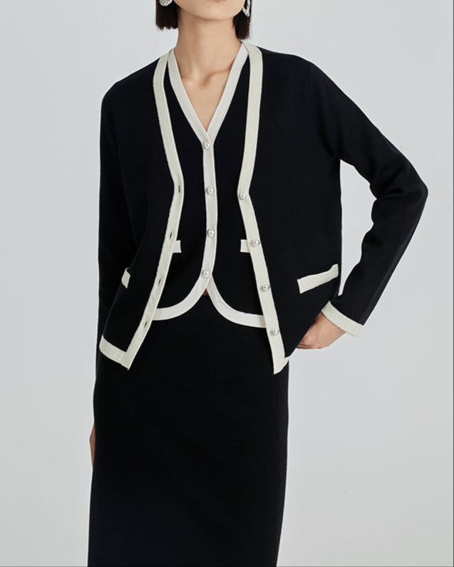100% Ultra-fine Timeless Elegance Chanel-look Set - Cardigan, Vest & Skirt