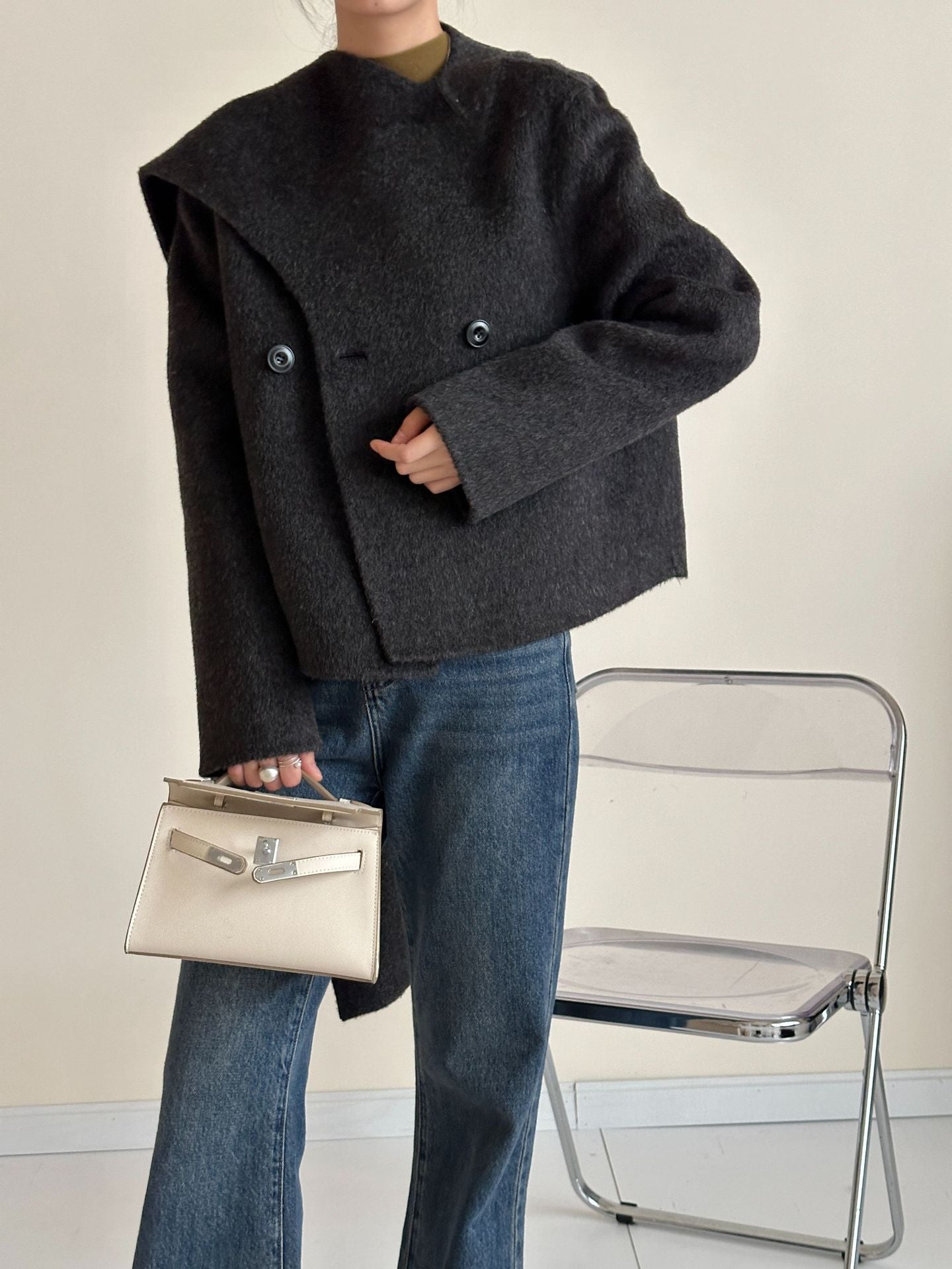 Women: Cashmere & Mulberry Silk Blend Wool Scarf-Collar Single-Breasted Longline Double-Layer Coat