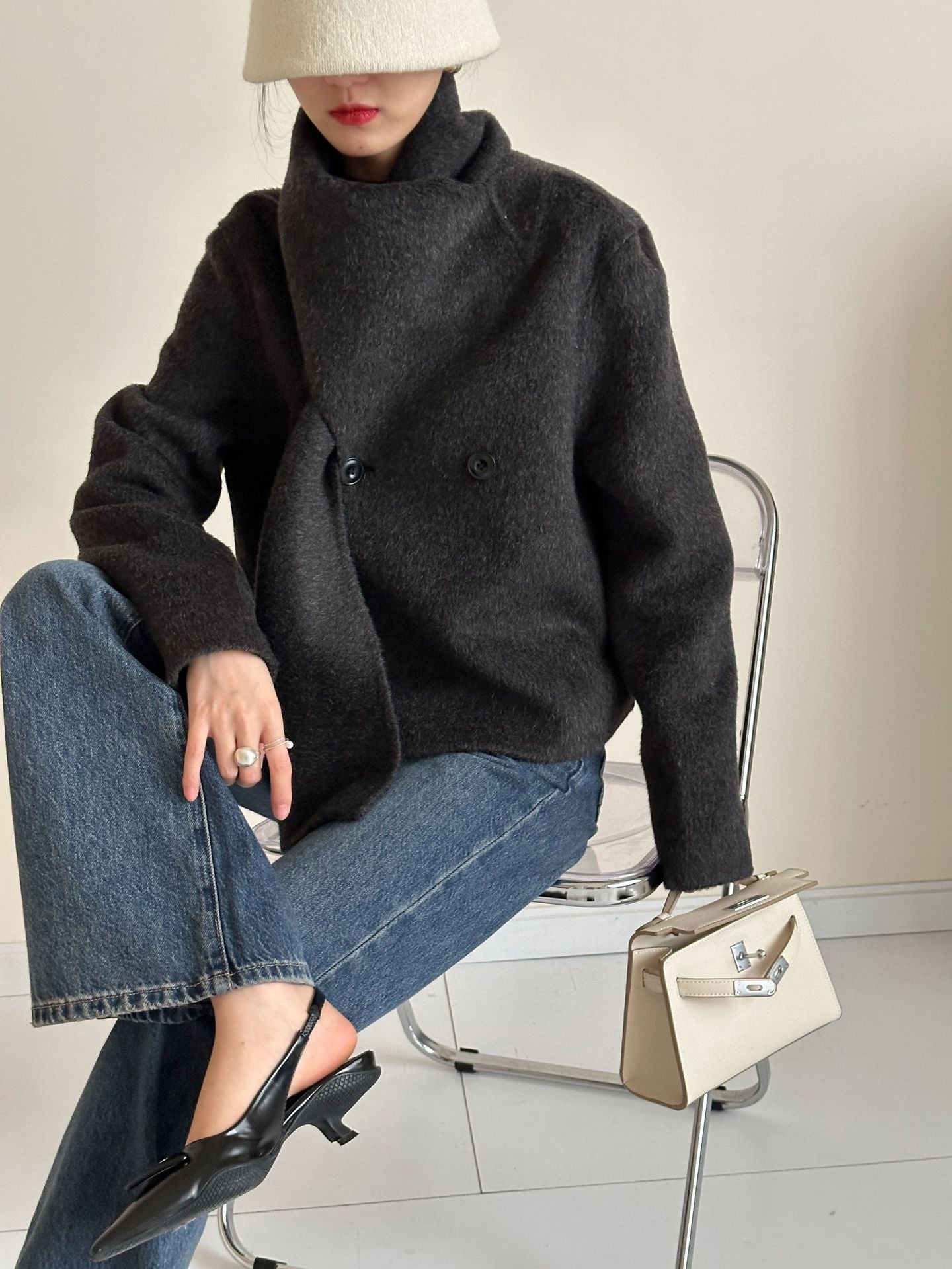 Women: Cashmere & Mulberry Silk Blend Wool Scarf-Collar Single-Breasted Longline Double-Layer Coat