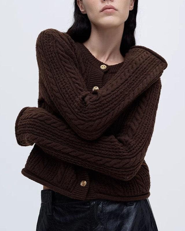 Women's 100% Cashmere and Wool Blend Pointelle Cardigan (White/Brown)