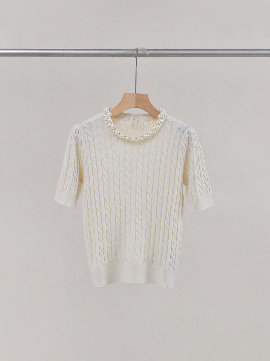 Women Chic and Elegant Cashmere-wool Blend Top - Cable Knit & Pearl-adorned Neckline