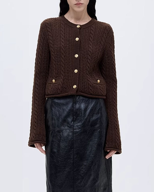 Women's 100% Cashmere and Wool Blend Pointelle Cardigan (White/Brown)