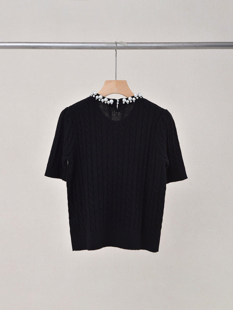 Women Chic and Elegant Cashmere-wool Blend Top - Cable Knit & Pearl-adorned Neckline