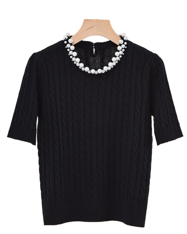 Women Chic and Elegant Cashmere-wool Blend Top - Cable Knit & Pearl-adorned Neckline