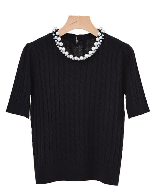 Women Chic and Elegant Cashmere-wool Blend Top - Cable Knit & Pearl-adorned Neckline