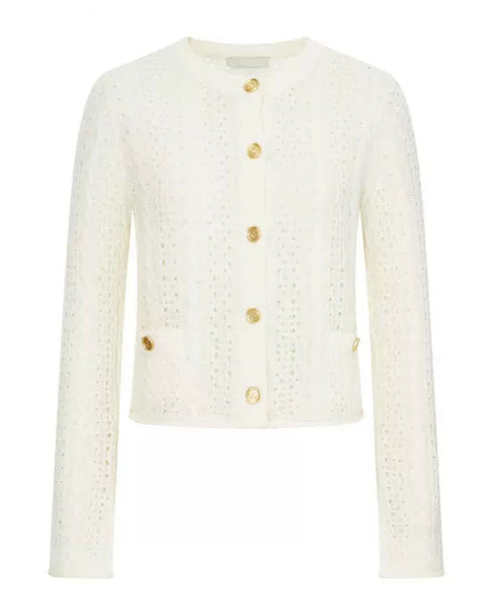 Women's 100% Cashmere and Wool Blend Pointelle Cardigan (White/Brown)