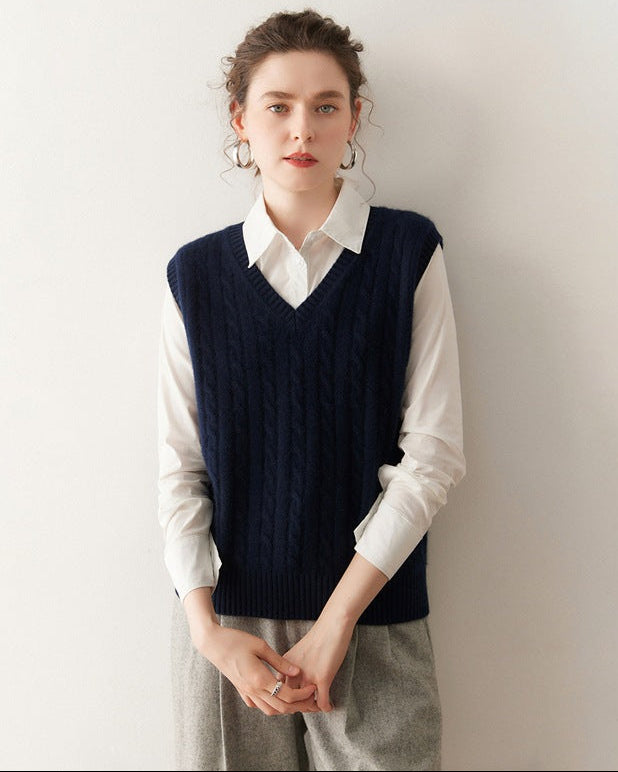 Cashmere-wool Cable Knit V-Neck Vest