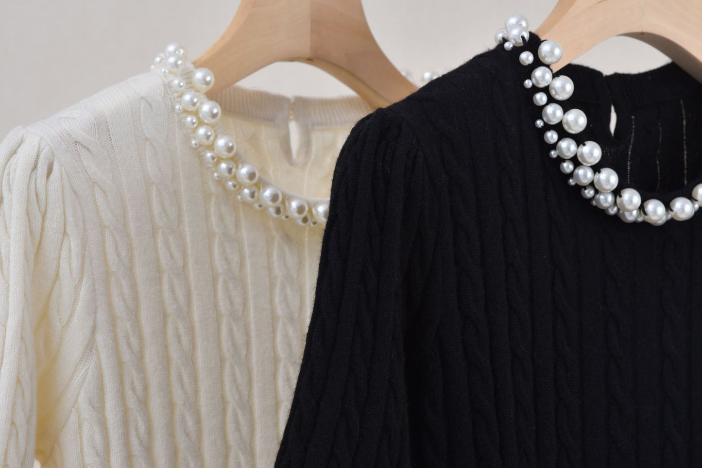 Women Chic and Elegant Cashmere-wool Blend Top - Cable Knit & Pearl-adorned Neckline