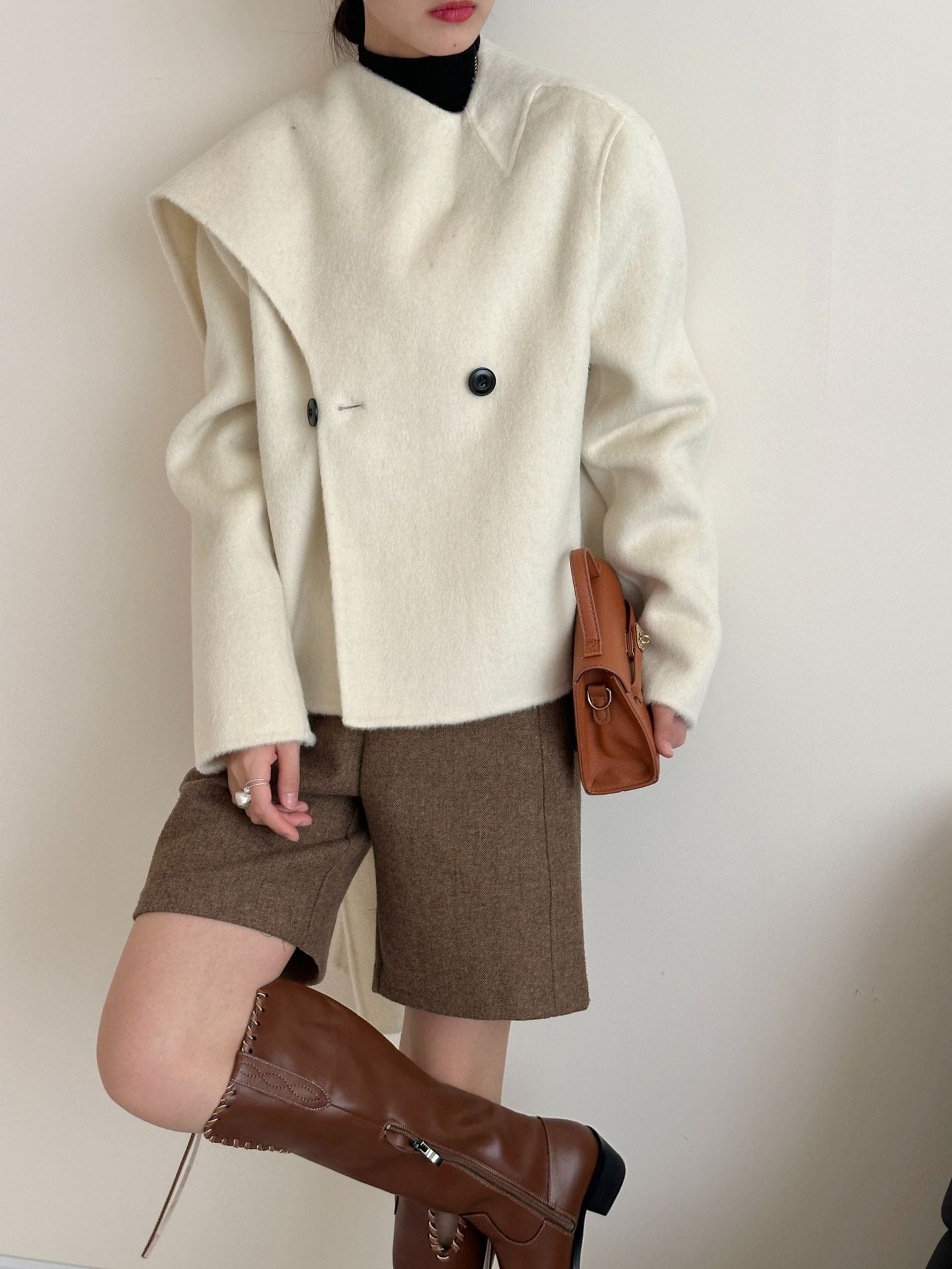 Women: Cashmere & Mulberry Silk Blend Wool Scarf-Collar Single-Breasted Longline Double-Layer Coat