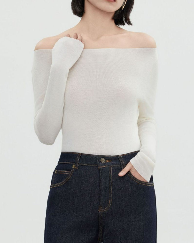 100% Ultra-fine Merino Wool Boat Neck Long Sleeve 3D Knitted Fit Jumper