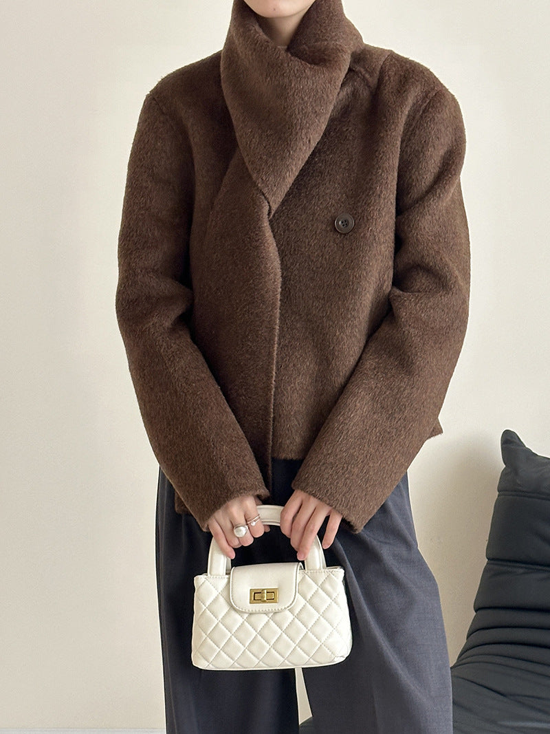 Women: Cashmere & Mulberry Silk Blend Wool Scarf-Collar Single-Breasted Longline Double-Layer Coat