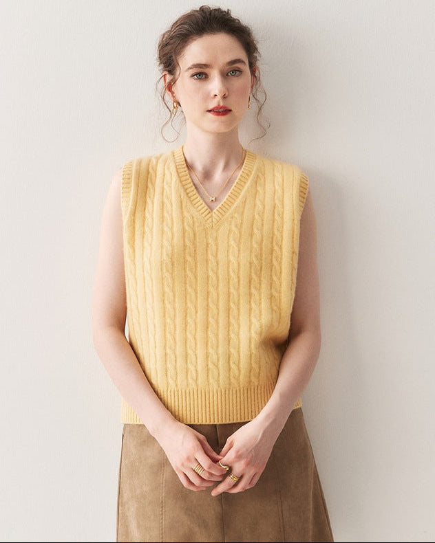 Cashmere-wool Cable Knit V-Neck Vest