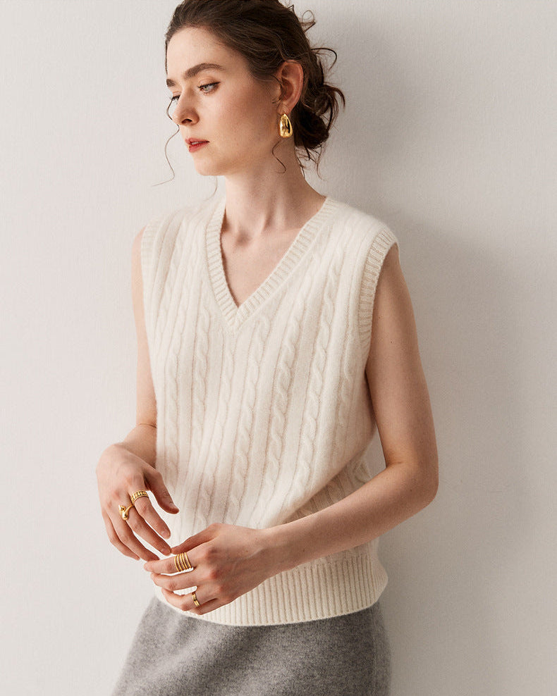 Cashmere-wool Cable Knit V-Neck Vest