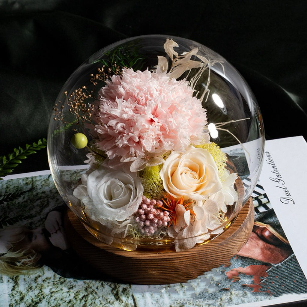 100% Handmade Eternal Real Flowers with Soft LED in Exquisite Glass Cover and Gift Box - A Timeless Gift for Life’s Most Cherished Moments