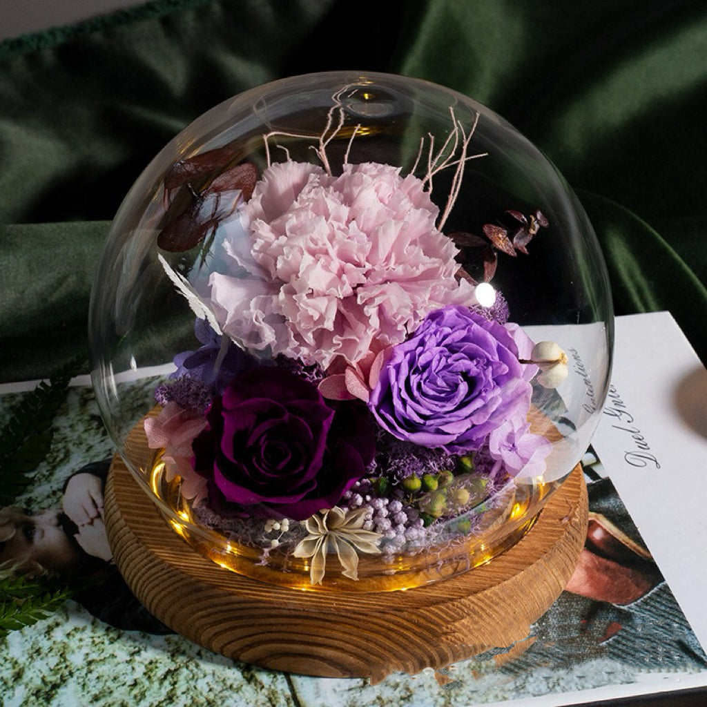 100% Handmade Eternal Real Flowers with Soft LED in Exquisite Glass Cover and Gift Box - A Timeless Gift for Life’s Most Cherished Moments
