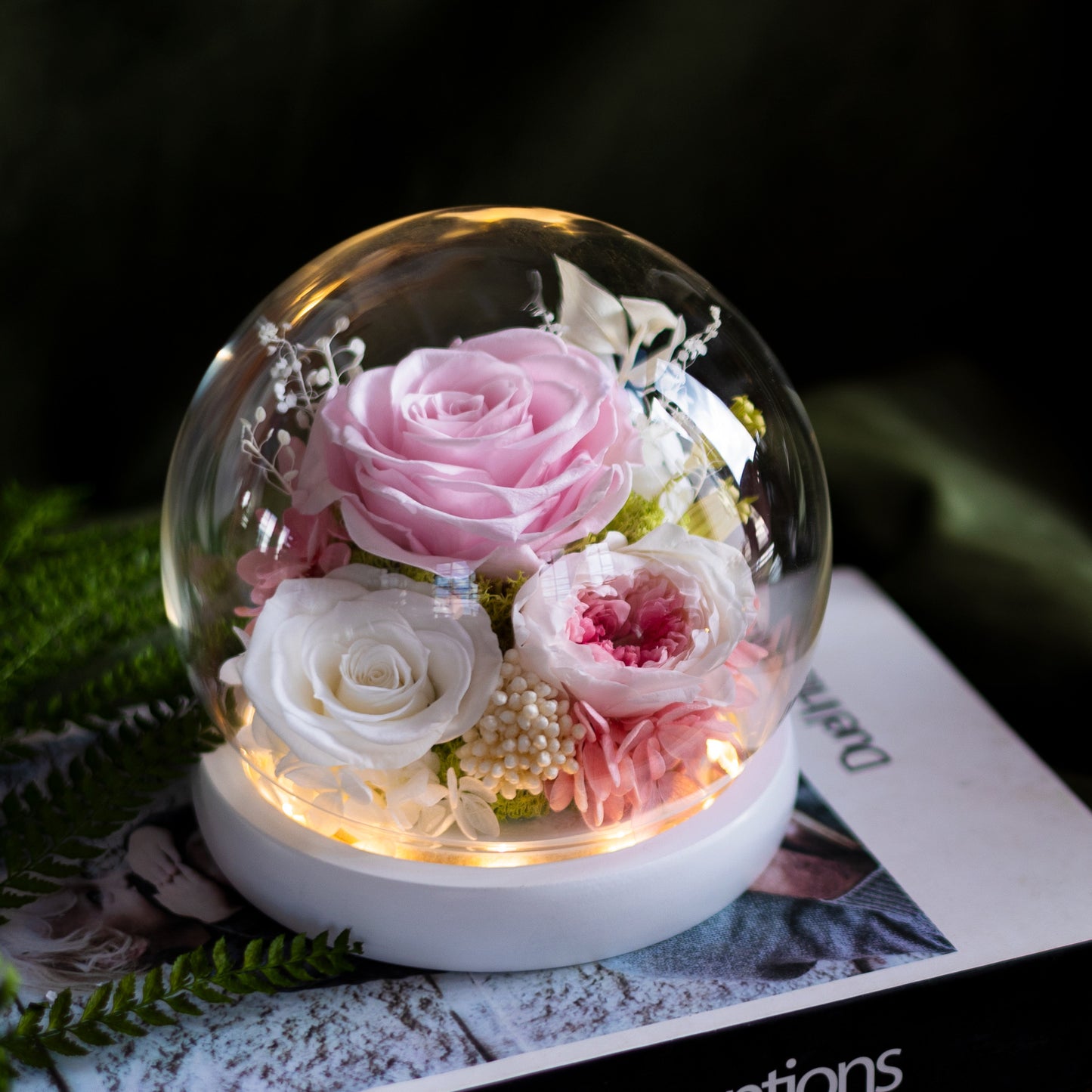 100% Handmade Eternal Real Flowers with Soft LED in Exquisite Glass Cover and Gift Box - A Timeless Gift for Life’s Most Cherished Moments