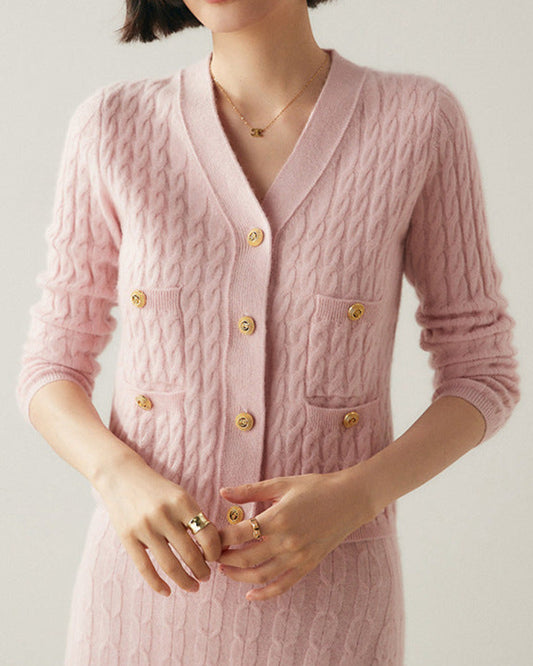 Autumn/Winter Premium: 100% Alxa Baby Cashmere-Wool Blend Cable-knitted Cardigan