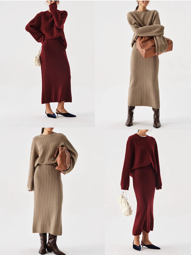 Audrie Women: 100% Merino Wool, Cable-Knit Crew Neck Jumper & High-Waisted Skirt Set