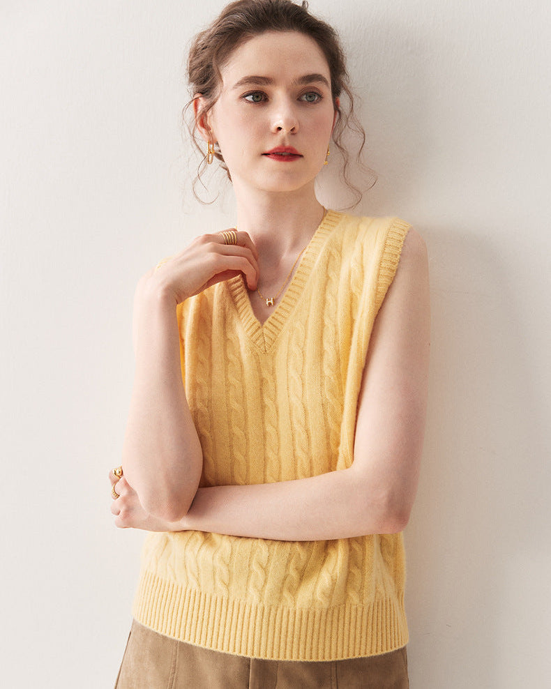 Cashmere-wool Cable Knit V-Neck Vest