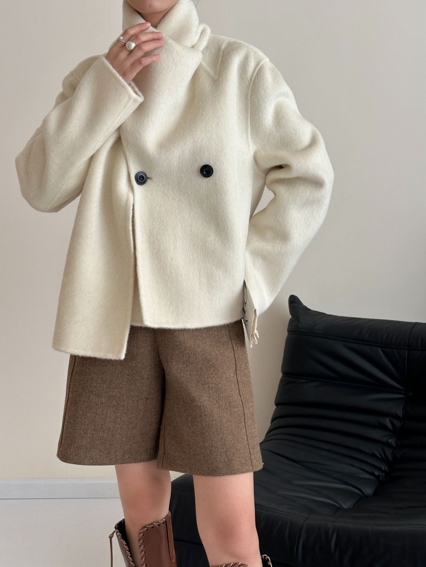 Women: Cashmere & Mulberry Silk Blend Wool Scarf-Collar Single-Breasted Longline Double-Layer Coat