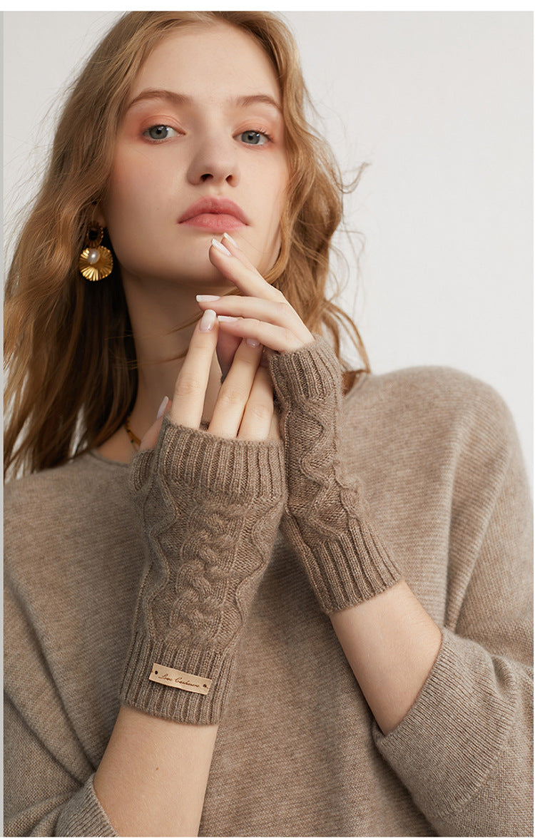 Audrie: 100% Cashmere Cable-knitted Open Fingertips Gloves