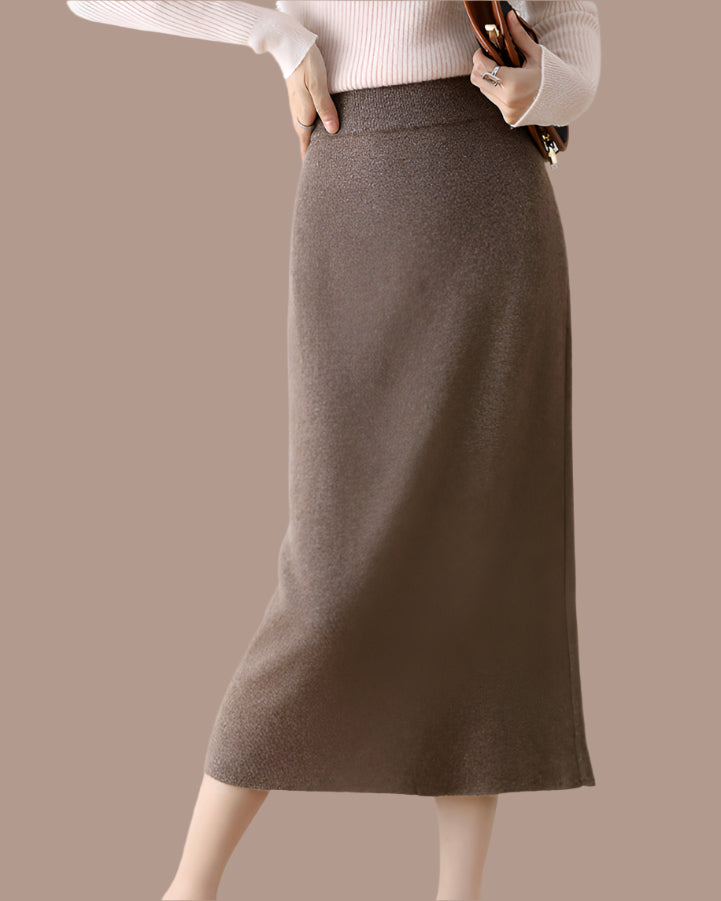 Audrie Women: 2025 Spring 100% Wool Midi Pull-on "H" Shape Skirt