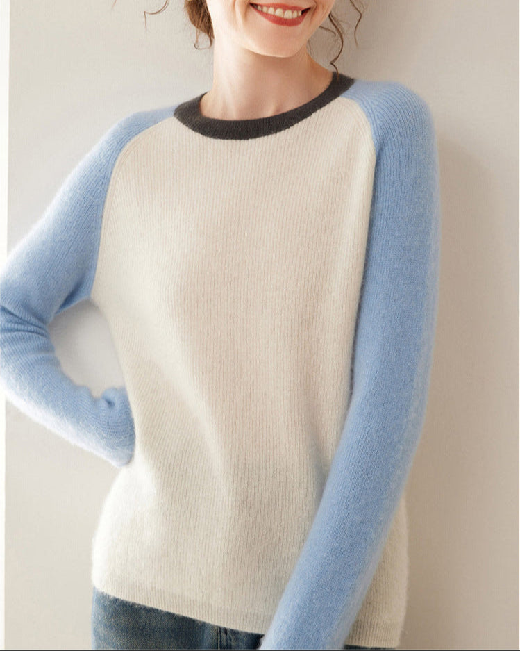 Audrie Women: 2025 Spring 100% Alxa Baby Cashmere-Wool Crewneck Jumper with Contrasting Colours