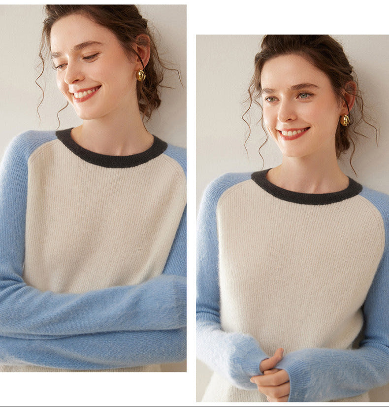 Audrie Women: 2025 Spring 100% Alxa Baby Cashmere-Wool Crewneck Jumper with Contrasting Colours